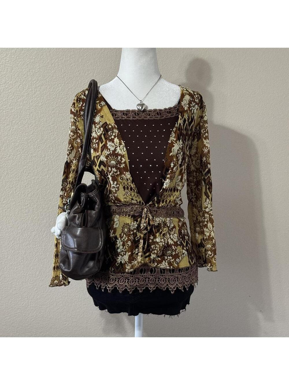 ੈ✩‧₊˚y2k 2000s brown lace trim boho waist tie blouse